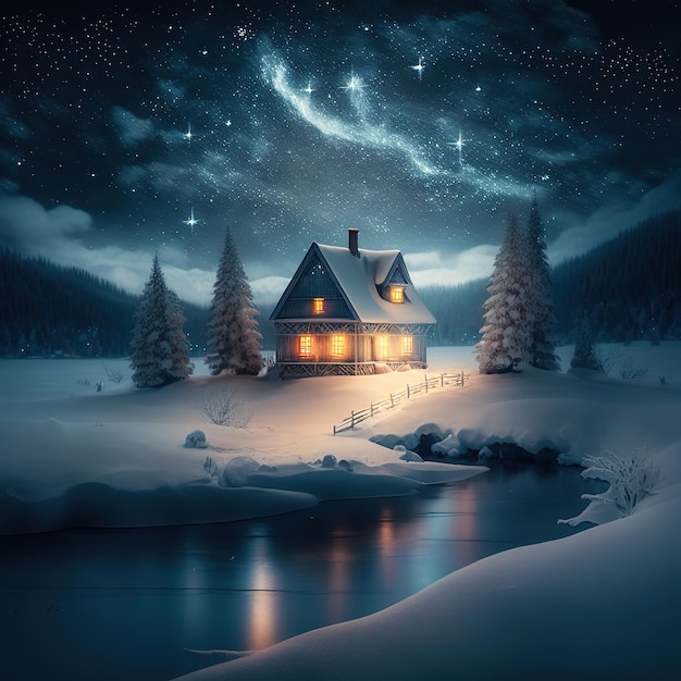 Winter Christmas landscape and home Generative AI Magical fairy lights