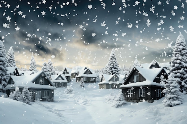 Winter Christmas night view with snow on wooden cottages