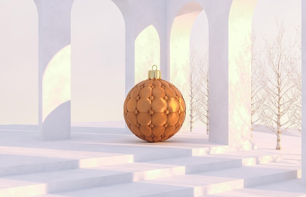 Winter Christmas scene with geometrical forms, arch with a podium in natural day light.