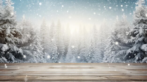 Winter Christmas Scenic Landscape with Wooden Deck Flooring and Snowcovered Fir Trees Beautiful