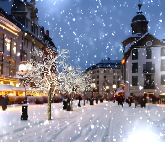 winter city people walk on street trees covered by snow in evening medieval old town