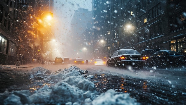 Winter city street during snowfall cars and street lamps