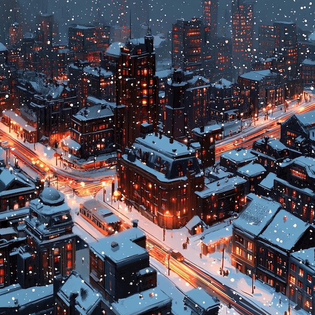 Photo winter city with snowcovered rooftops and busy streets