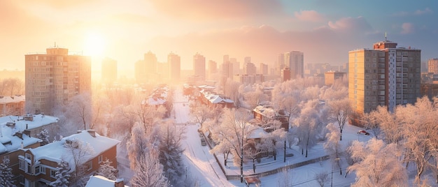 Photo winter cityscape with snowcovered buildings and streets under a clear sky