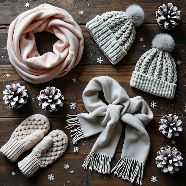 Photo winter clothing flat lay with cozy knit hats scarves mittens and pine cones