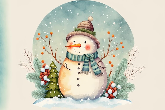 Winter comfortable feeling with a hand drawn Christmas snowman in watercolor