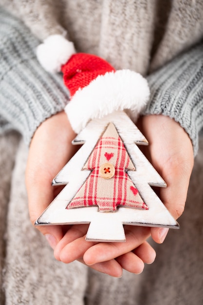 Winter Concept Young Hands Holding christmas decor.  Christmas decoration idea. Christmas decor in the hands of a woman, background with gold bokeh.