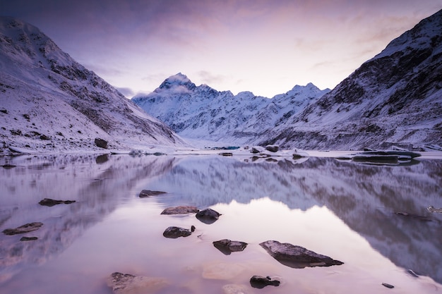 Winter dawn at Hooker Lake Hooker Valley Aoraki Mount Cook National Park New Zealand