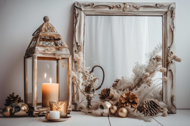 Winter decor Christmas decor house vintage white lantern with candle pine cones white vintage dressing table mirror