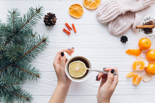 Winter decor and food on wooden background.