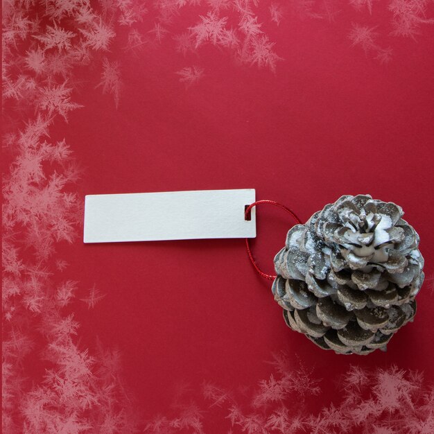 Winter decoration Pine cone with label on snowy red background