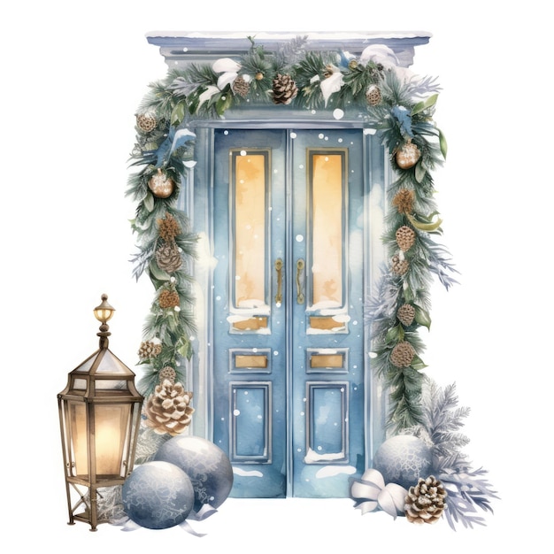 Winter door with christmas decorations watercolor clipart isolated white background