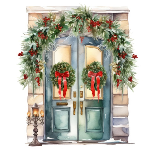 Winter door with christmas decorations watercolor clipart isolated white background