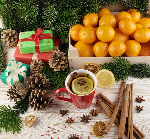 Winter drink with spices on festive new year background