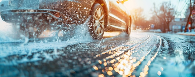 Winter driving on wet road at sunset