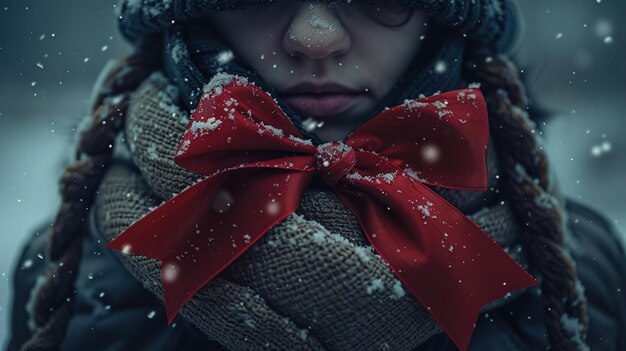 Photo winter elegance cinematic editorial photography in bright studio light with red ribbon bow closeup shot