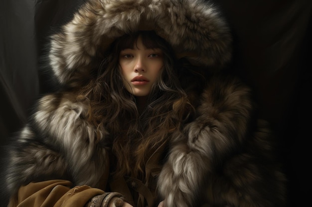 Winter elegance portrait of woman in luxurious fur hood