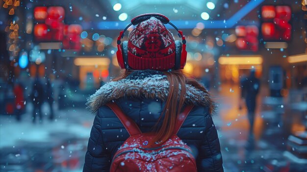 Winter Evening in a Snowy City With Woman Wearing Headphones