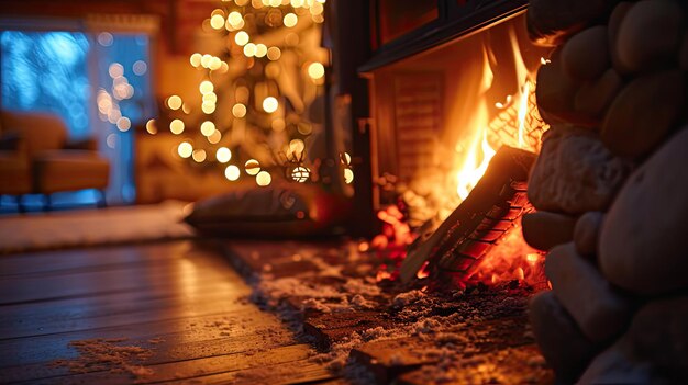 Photo a winter evening with a photo of a crackling fire starting in the hearth casting a soft glow and inviting ambiance into the home