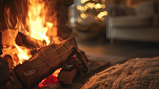 a winter evening with a photo of a crackling fire starting in the hearth casting a soft glow and inviting ambiance into the home