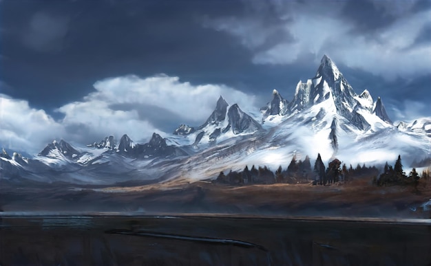 Winter Fabulous Panoramic landscape mountains, mountain peaks amazing view. Magical winter snow nature valley of mountains and ridges. Illustration