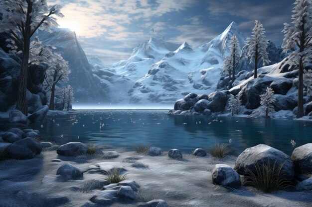 Winter fairy kingdom scene background by a large lake