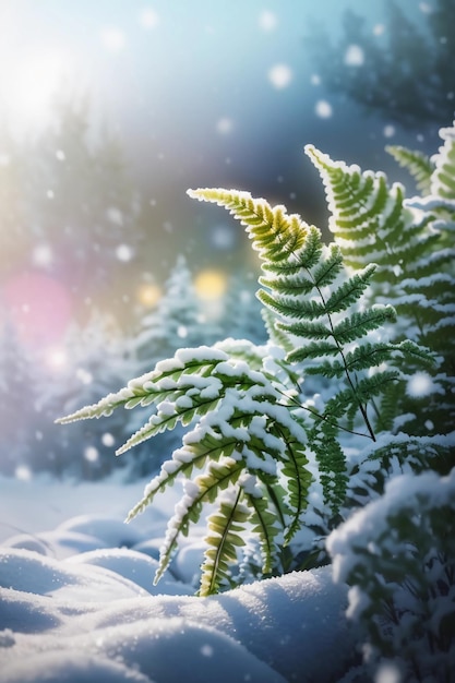 Winter Fantasy 4K Wallpaper of Fern Leaves in a Winter Landscape with Bokeh Lights Highly Detailed