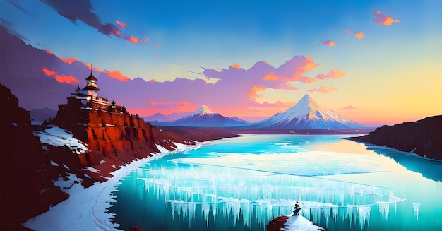 Winter Fantasy Wallpaper frozen lake with surrounding snow covered rocky mountains Generative ai for childrens books stories fairy tales