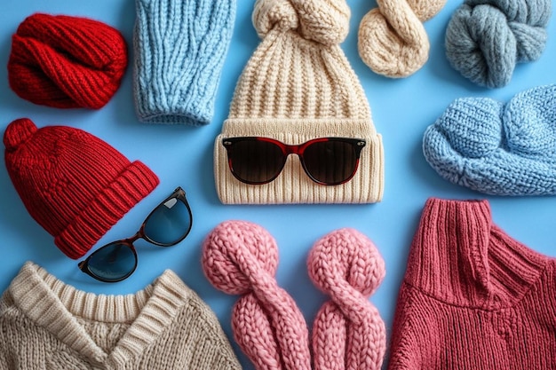 Photo winter fashion essentials knitted sweaters hats and sunglasses on a blue background