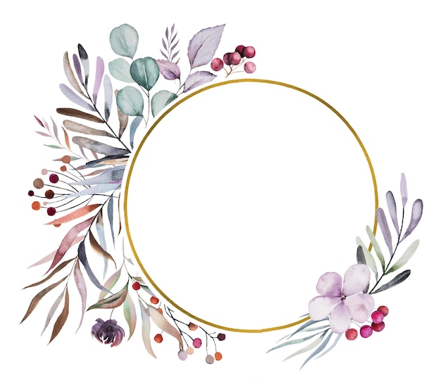 Winter floral Watercolor round frame with pastel leaves, berries and flowers isolated on white. Floral blue, purple and red arrangement for wedding cards, holiday stationery, crafting