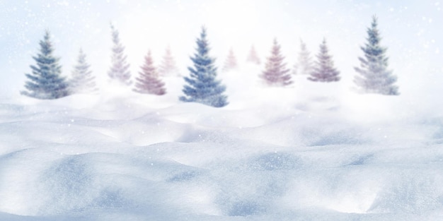 Winter forest against the background of snowdrifts Christmas background