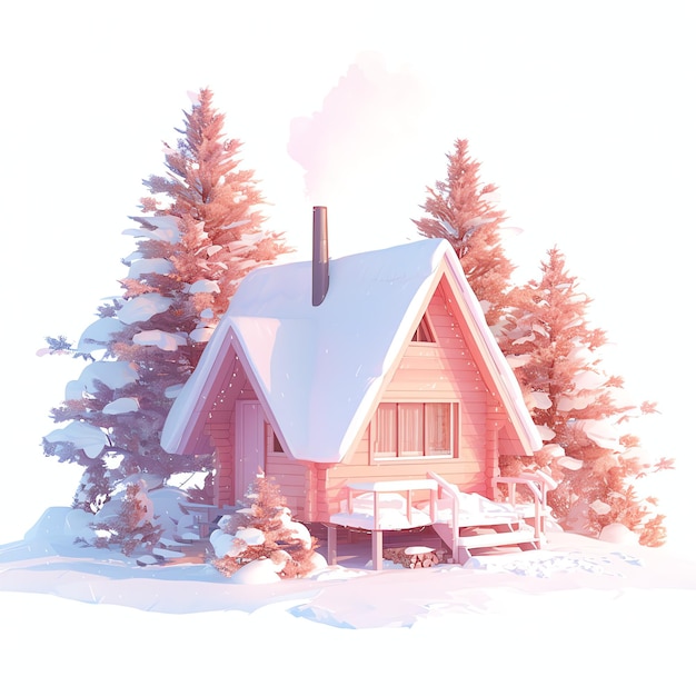 winter forest cabin in soft pink colors watercolor cozy