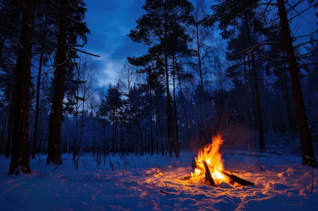 A winter forest fire at night