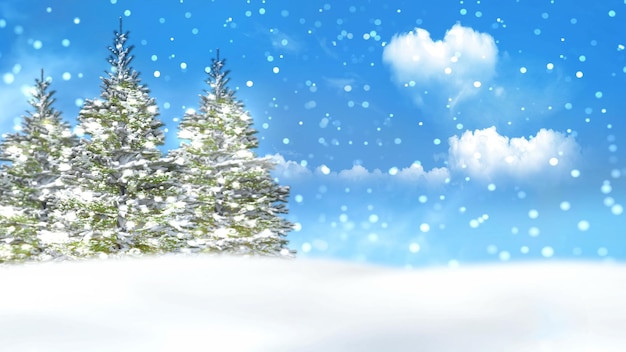 winter  forest landscape blue sky trees covered by snow ,white clouds in heart symbol ,snowflakes