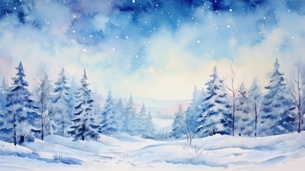 Winter forest landscape watercolor illustration