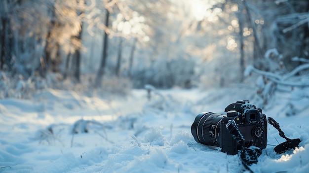 Photo winter forest landscape with camera snowy wilderness photography scene