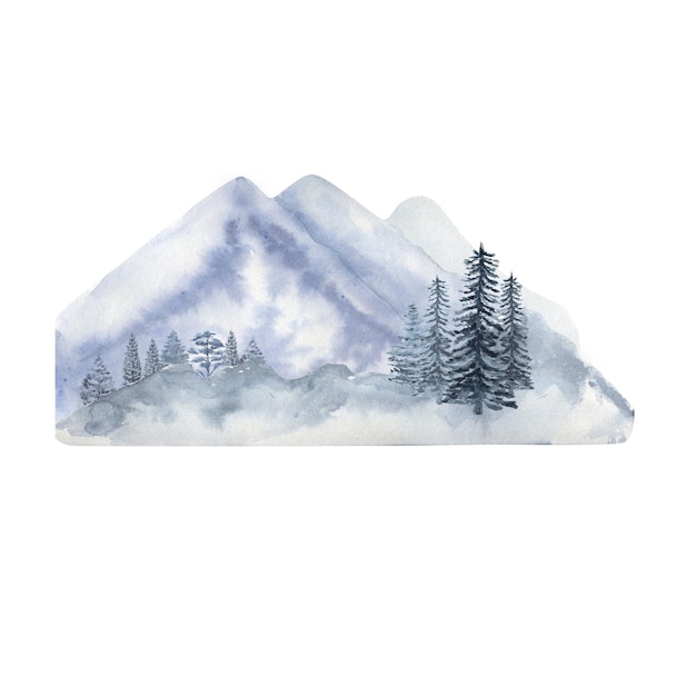 Winter forest and mountains watercolor clipart on a white background watercolor illustration