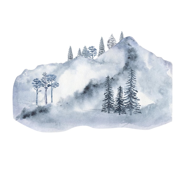 Winter forest and mountains watercolor clipart on a white background watercolor illustration