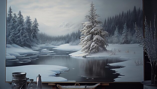 Winter forest on the river Panoramic landscape with snowy trees beautiful frozen river with reflection in water Seasonal Winter trees lake and sky Frosty snowy river Weather