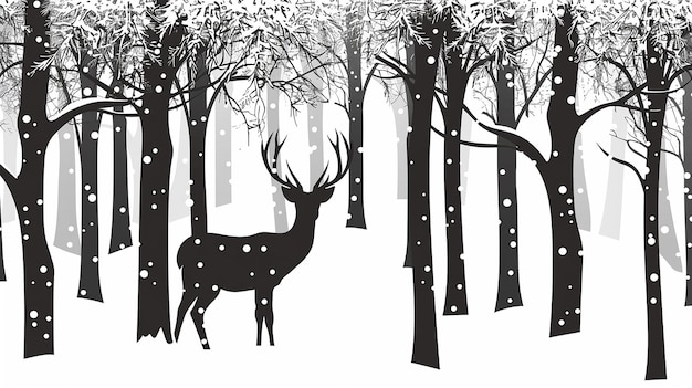 Photo winter forest silhouette with silhouettes of a deer