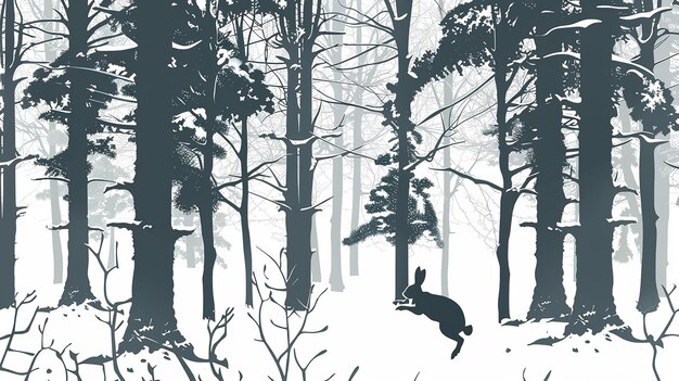 Photo winter forest silhouette with silhouettes of a rabbit