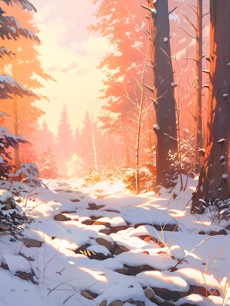 Winter forest snow scene illustration Great Cold Season concept illustration