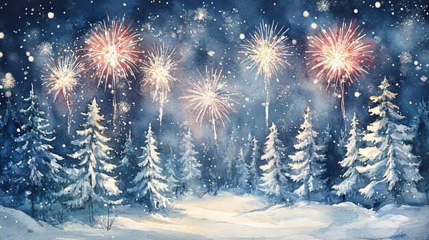 Photo winter forest under starry sky with fireworks