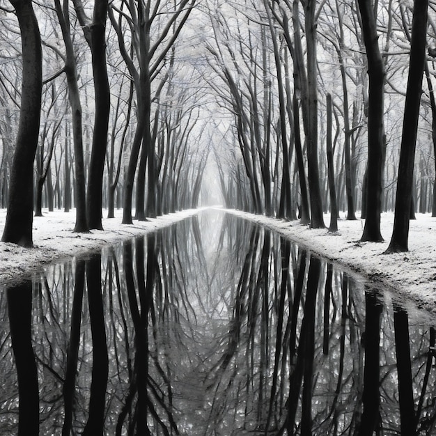 Winter forest with reflection in water black and white photo of trees