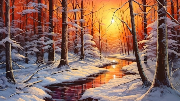 Winter forest with snow Bright color Generative ai