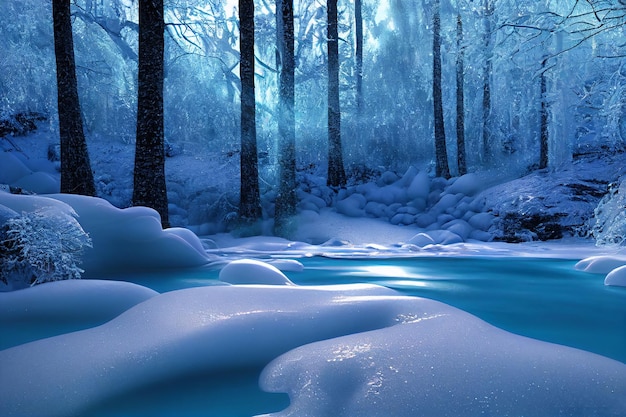 Winter Frozen Pristine Stream in Mystical Forest Thicket 3D Art Work Background