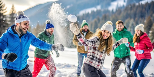 Photo winter fun friends enjoying a snowball fight with blurred background