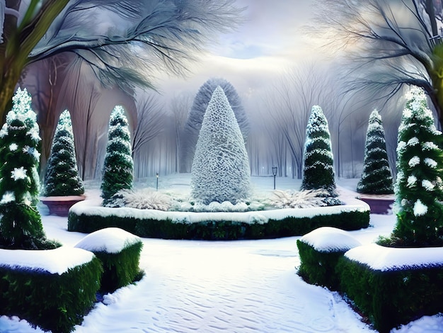 Winter garden with bushes and spruces Winter atmospheric landscape AI