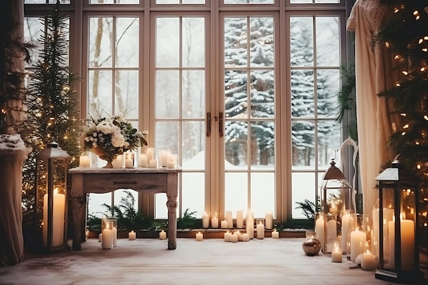 Winter garden with large windows where garlands hang and candles glow Horizontal photo