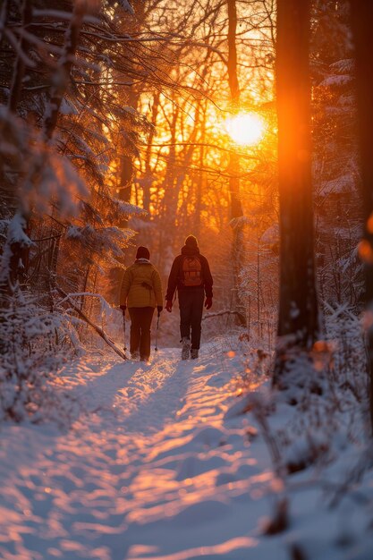 Photo winter hike at sunset two people walking through snowcovered forest with sunlight breaking through trees